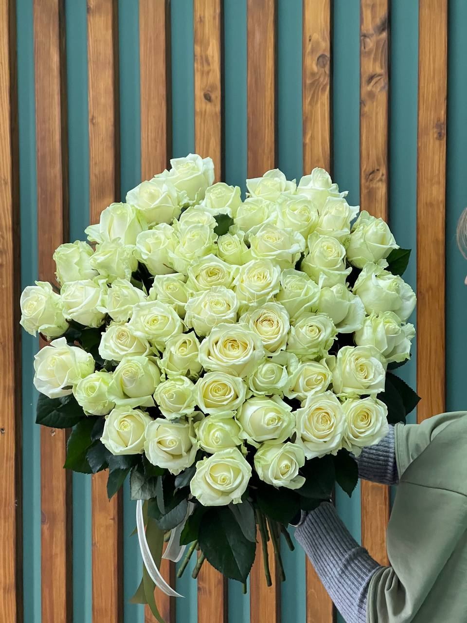 Букет из 51 розы Аваланж под ленту 