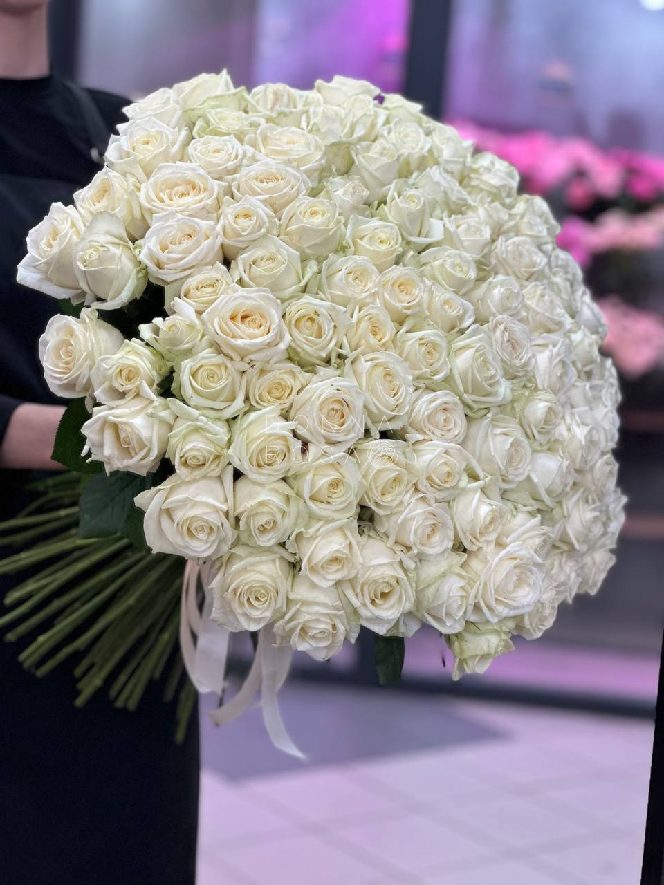 Букет из 101 розы Аваланж с Лентой 